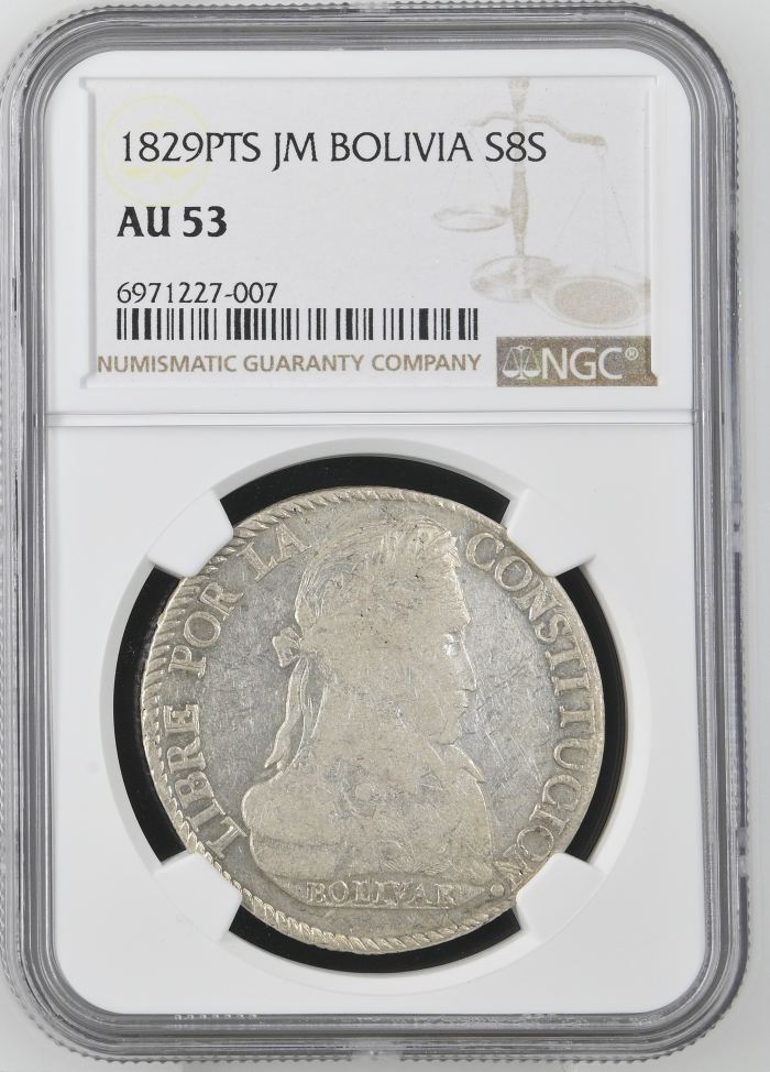 Bolivia 8 Sols 1829 Pts JM NGC AU53 0145224Bolivia 8 Sols 1829 Pts JM NGC AU53 0145224