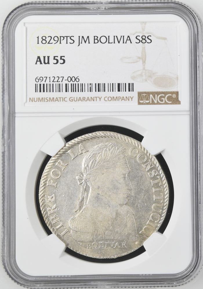 Bolivia 8 Sols 1829 Pts JM NGC AU55 0145225Bolivia 8 Sols 1829 Pts JM NGC AU55 0145225