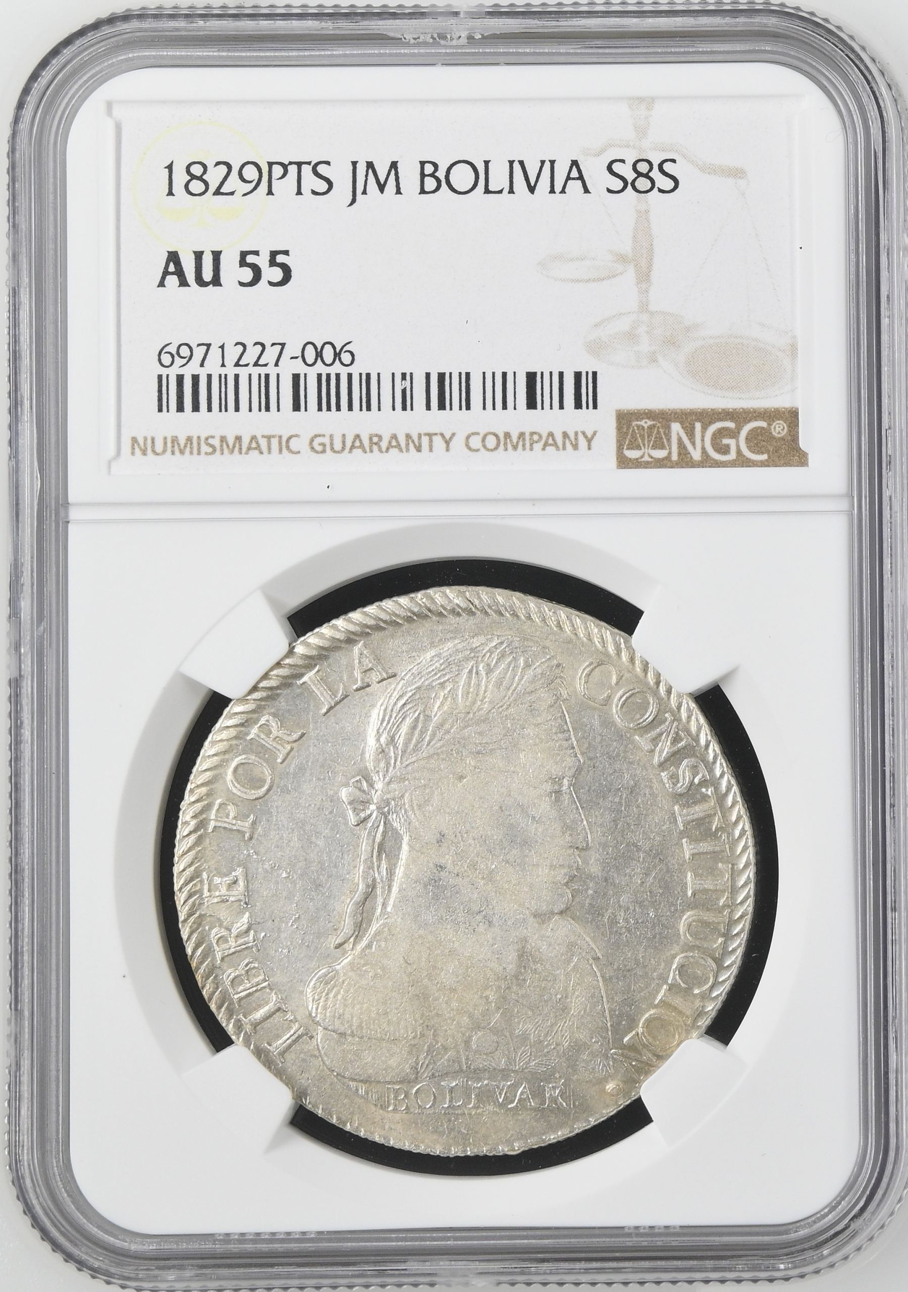 Bolivia 8 Sols 1829 Pts JM NGC AU55 0145225