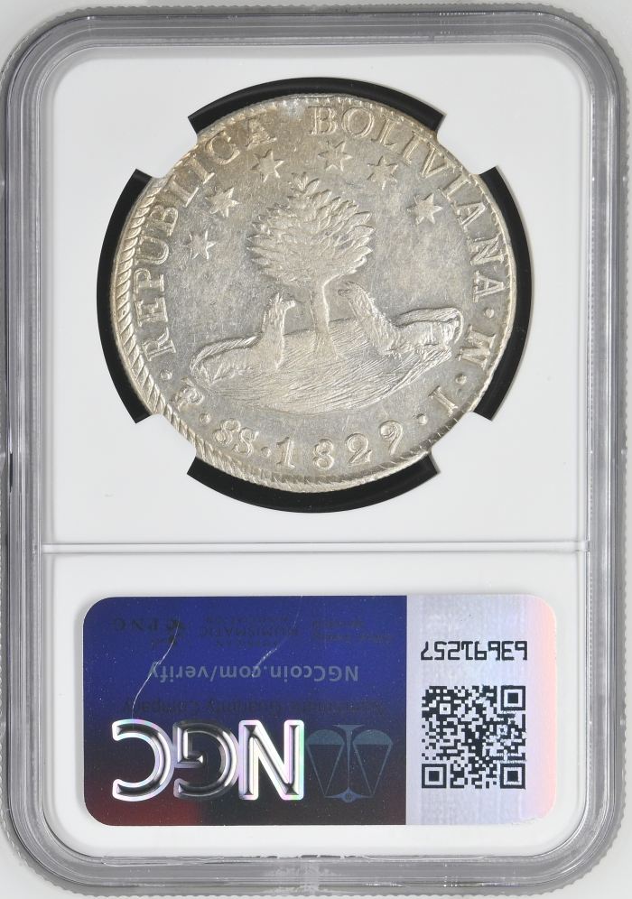 Bolivia 8 Sols 1829 Pts JM NGC AU55 0145225Bolivia 8 Sols 1829 Pts JM NGC AU55 0145225 - Image 2