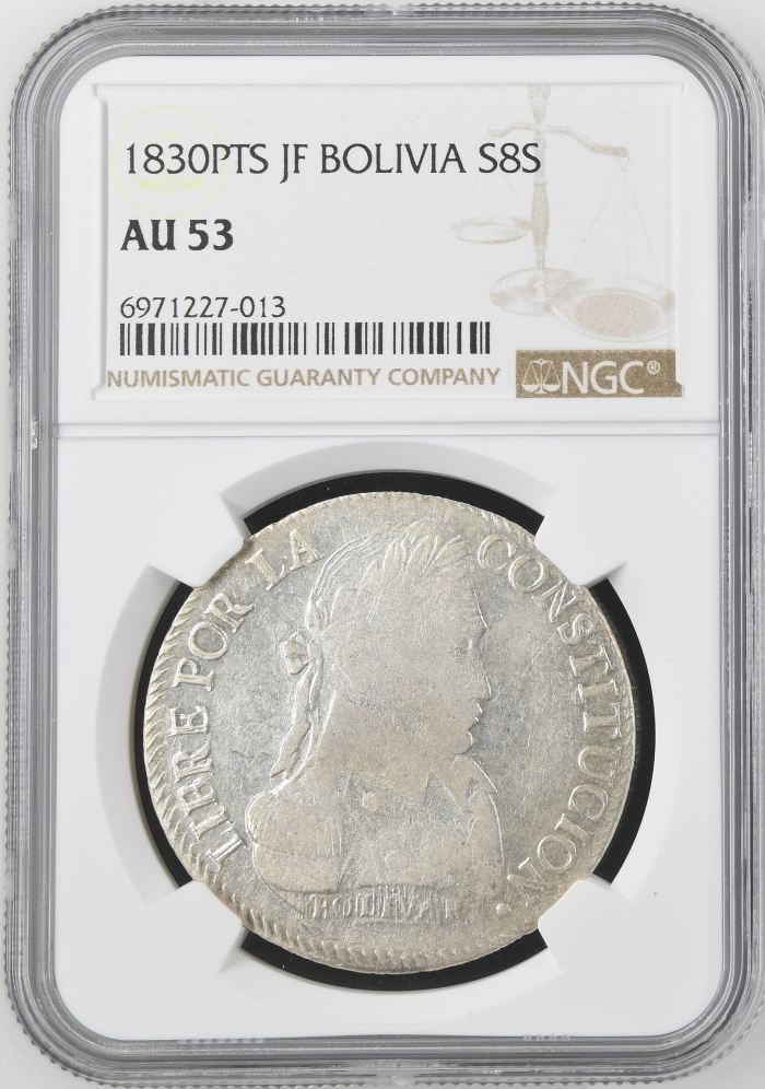 Bolivia 8 Sols 1830 Pts JF NGC AU53 0145227Bolivia 8 Sols 1830 Pts JF NGC AU53 0145227