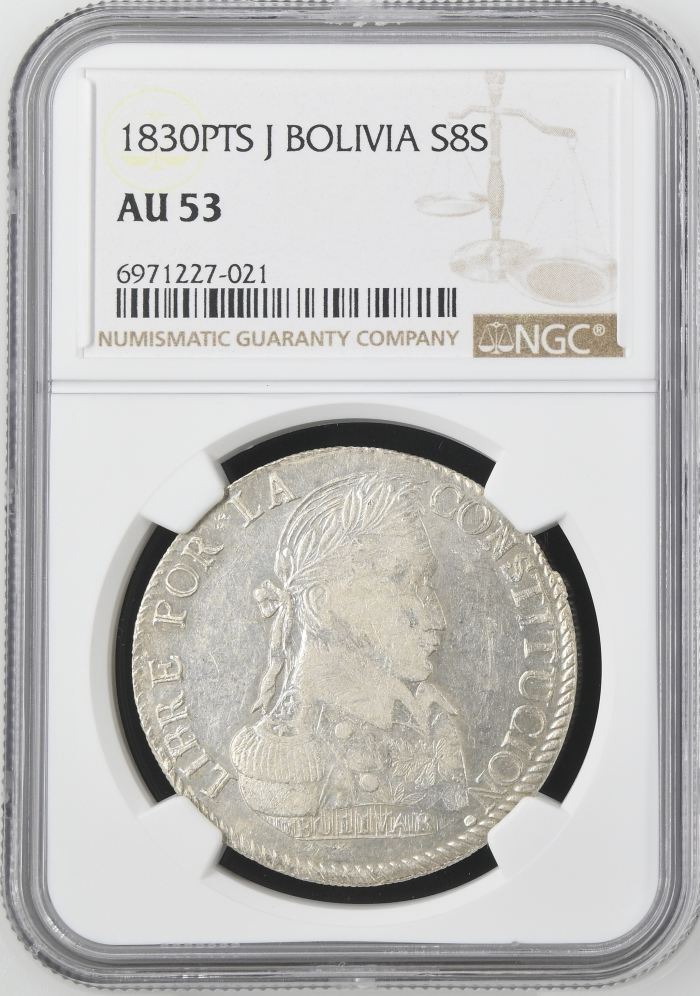 Bolivia 8 Sols 1830 Pts J NGC AU53 0145228Bolivia 8 Sols 1830 Pts J NGC AU53 0145228