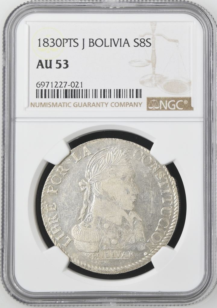 Bolivia 8 Sols 1830 Pts J NGC AU53 0145228