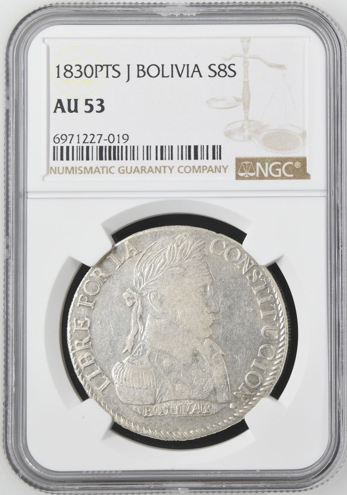 Bolivia 8 Sols 1830 Pts J NGC AU53 0145229Bolivia 8 Sols 1830 Pts J NGC AU53 0145229