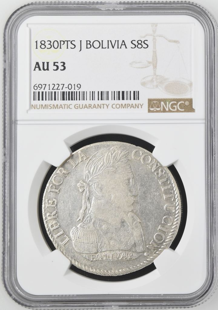 Bolivia 8 Sols 1830 Pts J NGC AU53 0145229