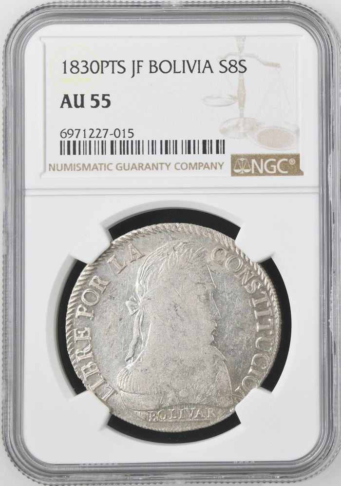 Bolivia 8 Sols 1830 Pts JF NGC AU55 0145230Bolivia 8 Sols 1830 Pts JF NGC AU55 0145230