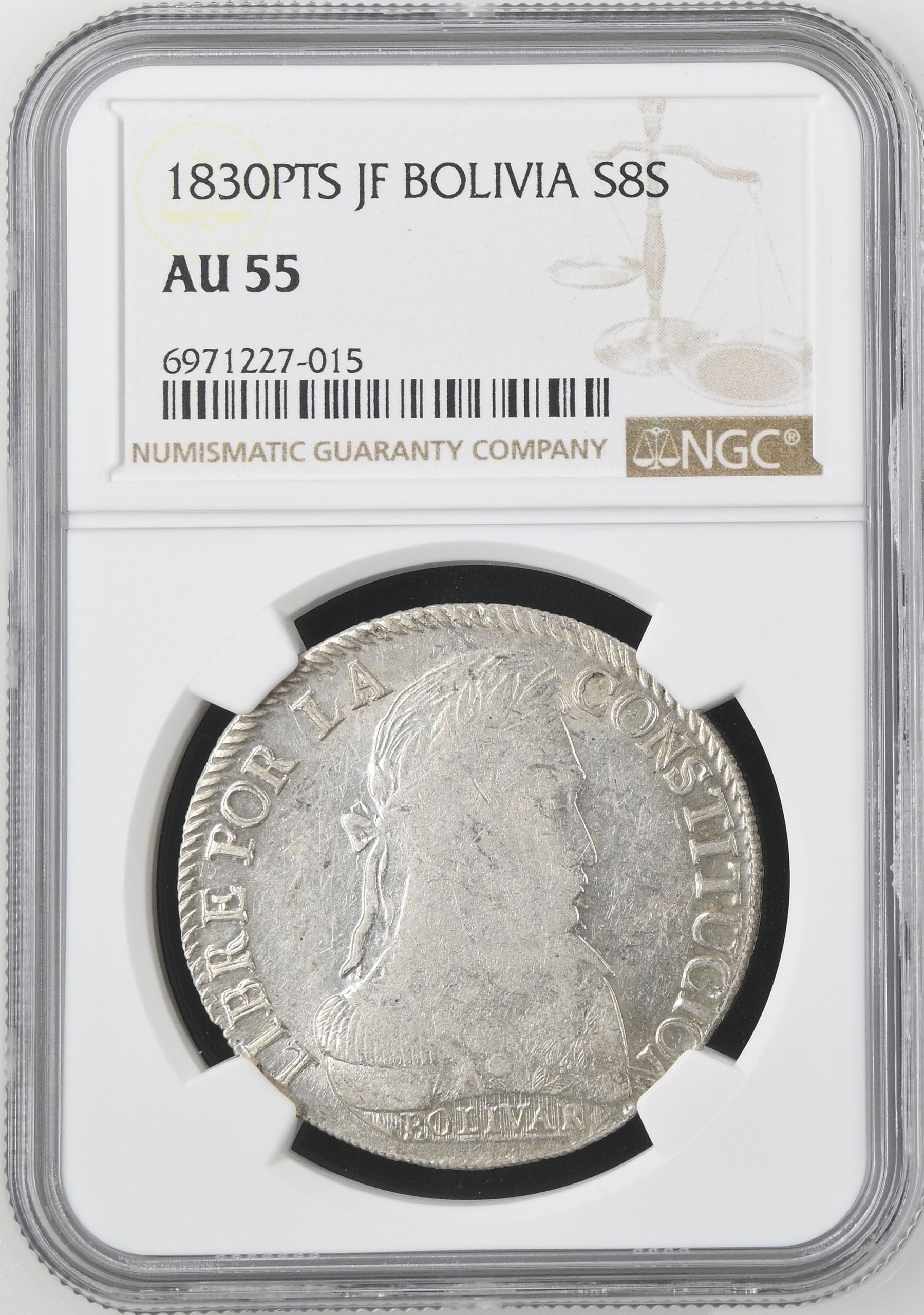 Bolivia 8 Sols 1830 Pts JF NGC AU55 0145230