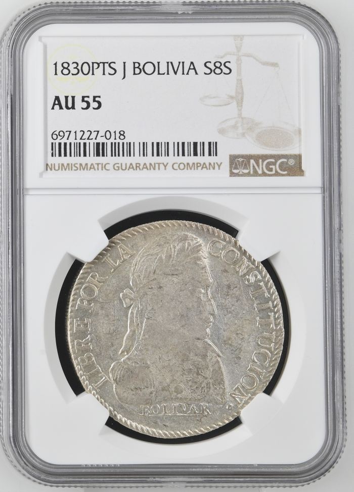 Bolivia 8 Sols 1830 Pts J NGC AU55 0145231Bolivia 8 Sols 1830 Pts J NGC AU55 0145231