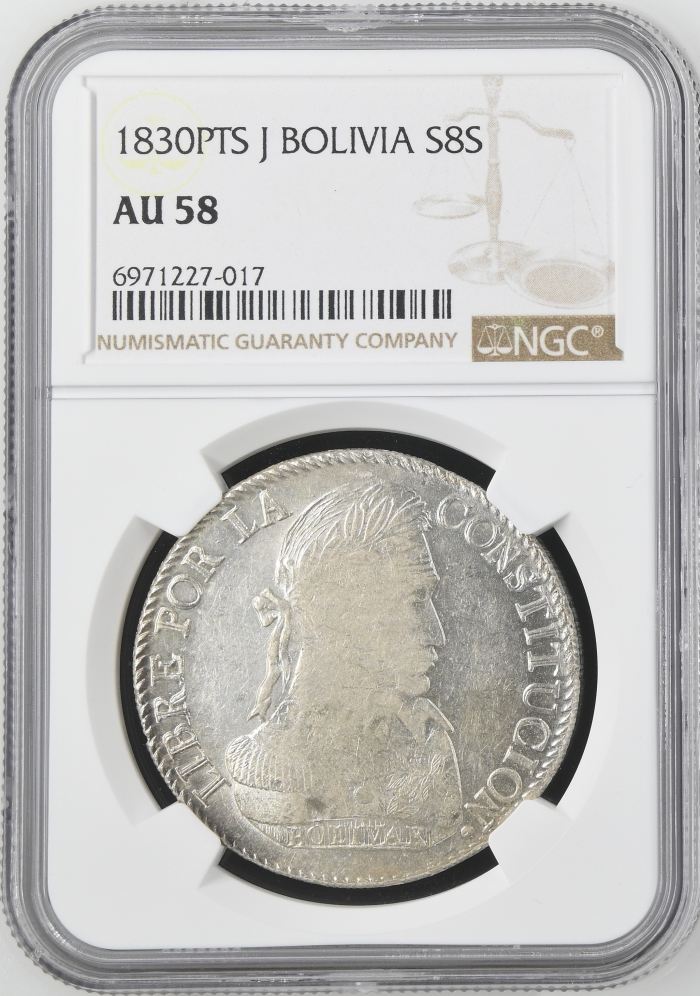 Bolivia 8 Sols 1830 Pts J NGC AU58 0145232Bolivia 8 Sols 1830 Pts J NGC AU58 0145232