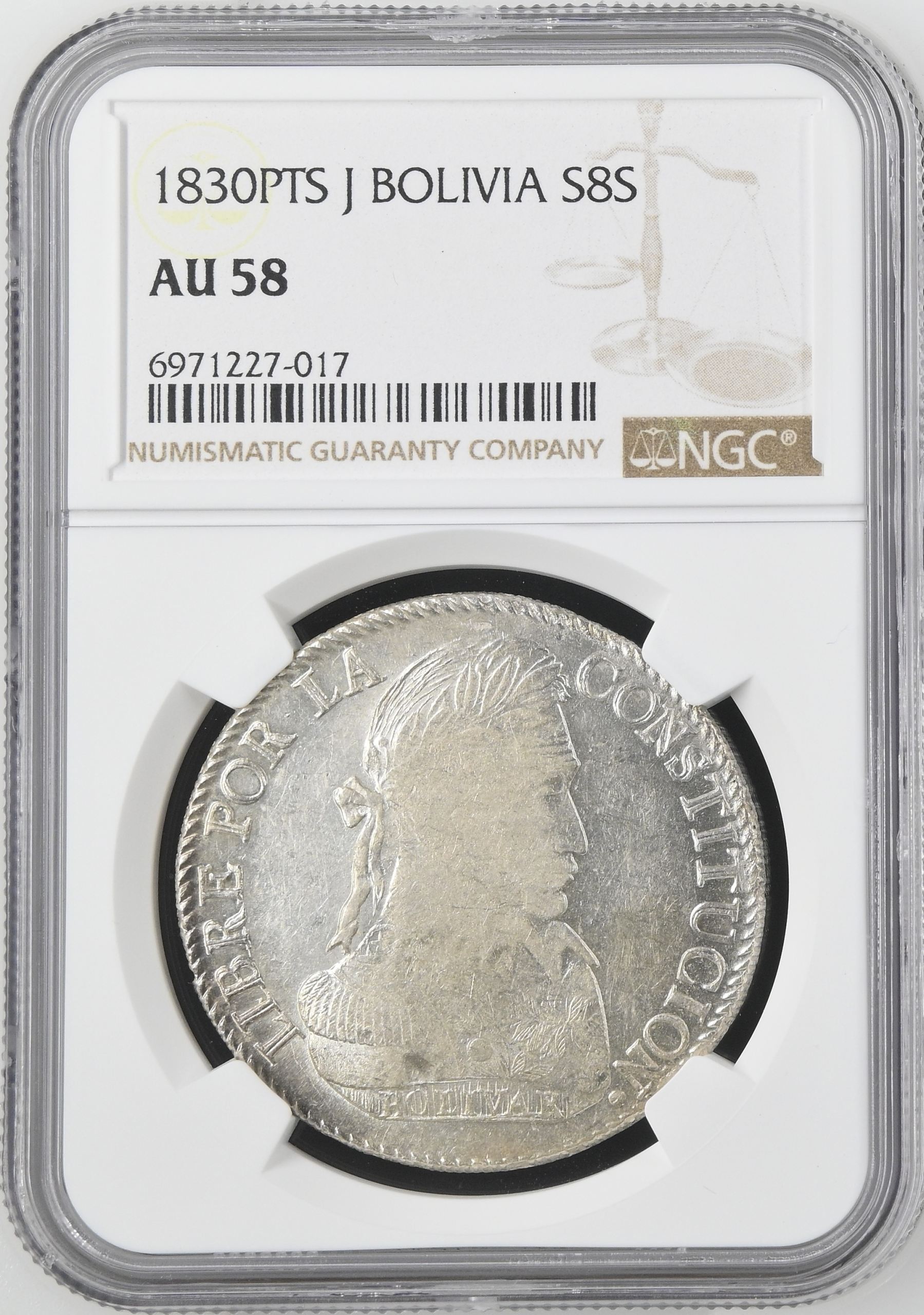 Bolivia 8 Sols 1830 Pts J NGC AU58 0145232