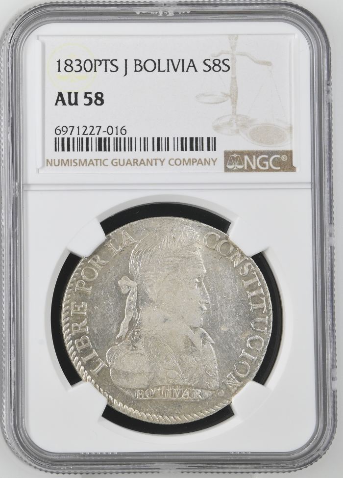 Bolivia 8 Sols 1830 Pts J NGC AU58 0145233Bolivia 8 Sols 1830 Pts J NGC AU58 0145233