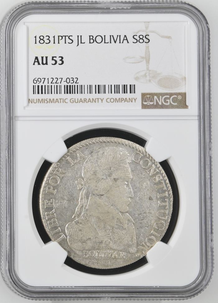 Bolivia 8 Sols 1831 Pts JL NGC AU53 0145234Bolivia 8 Sols 1831 Pts JL NGC AU53 0145234