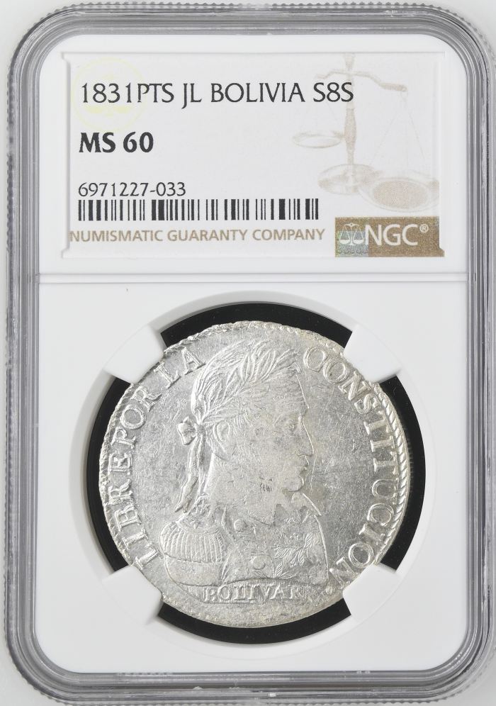 Bolivia 8 Sols 1831 Pts JL NGC MS60 0145237Bolivia 8 Sols 1831 Pts JL NGC MS60 0145237