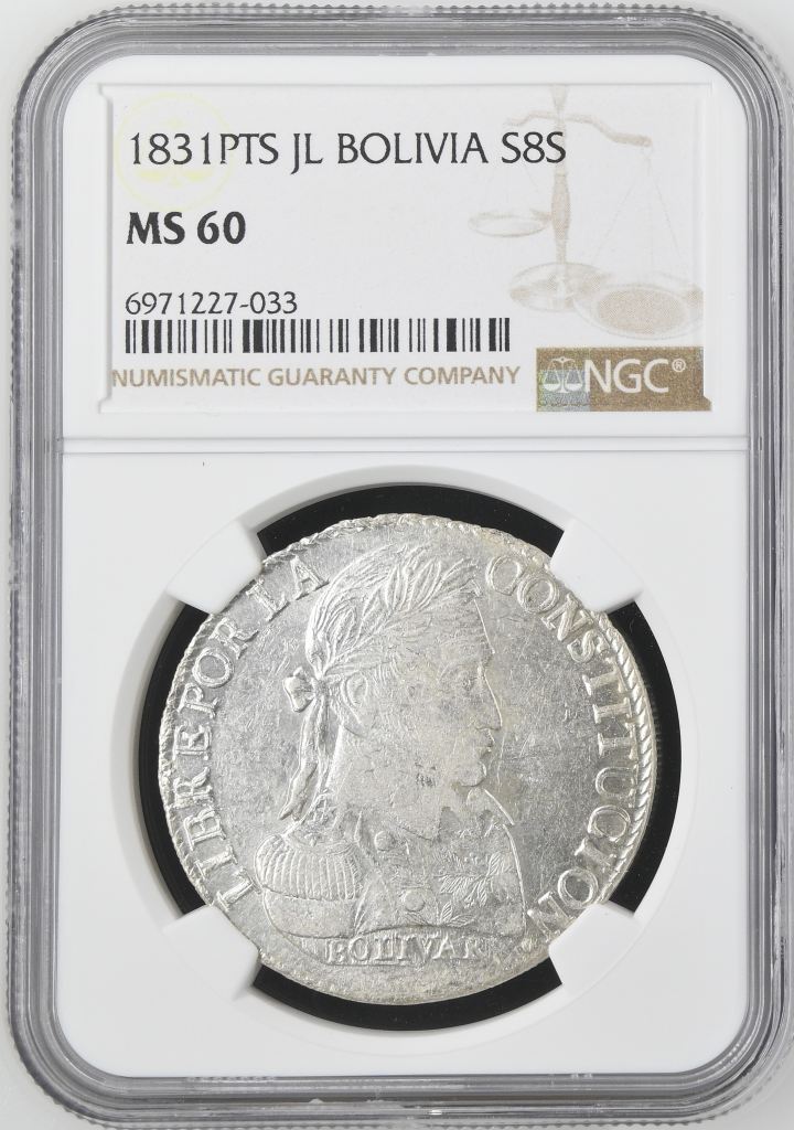 Bolivia 8 Sols 1831 Pts JL NGC MS60 0145237