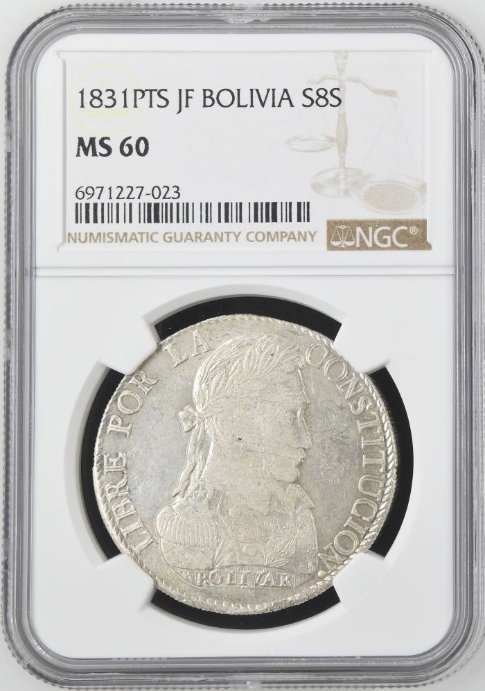 Bolivia 8 Sols 1831 Pts JF NGC MS60 0145238Bolivia 8 Sols 1831 Pts JF NGC MS60 0145238