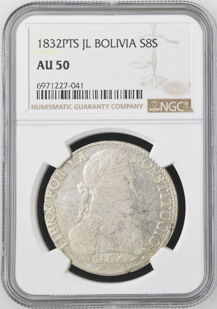 Bolivia 8 Sols 1832 Pts JL NGC AU50 0145239Bolivia 8 Sols 1832 Pts JL NGC AU50 0145239