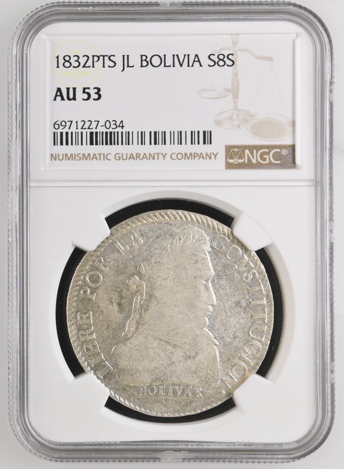 Bolivia 8 Sols 1832 Pts JL NGC AU53 0145241Bolivia 8 Sols 1832 Pts JL NGC AU53 0145241