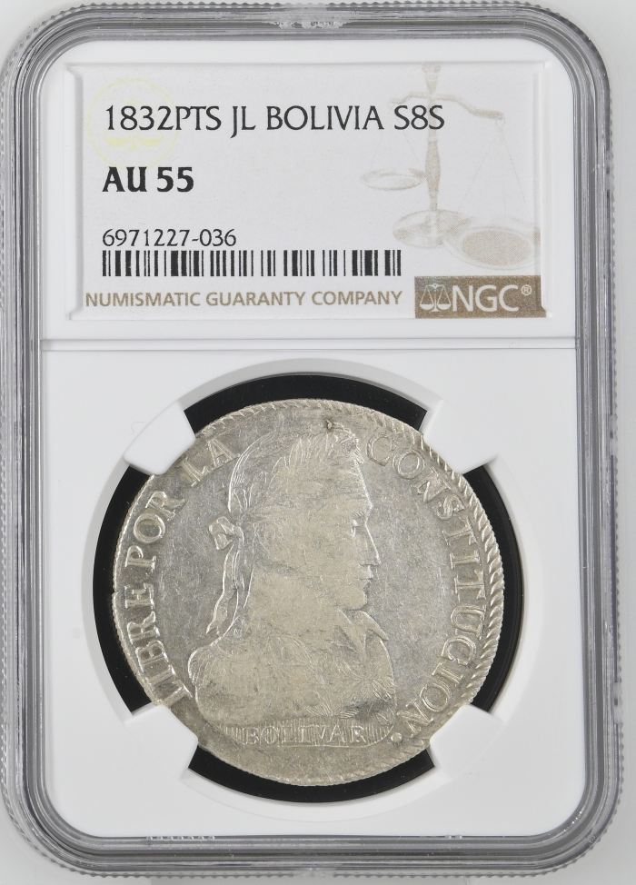 Bolivia 8 Sols 1832 Pts JL NGC AU55 0145242Bolivia 8 Sols 1832 Pts JL NGC AU55 0145242