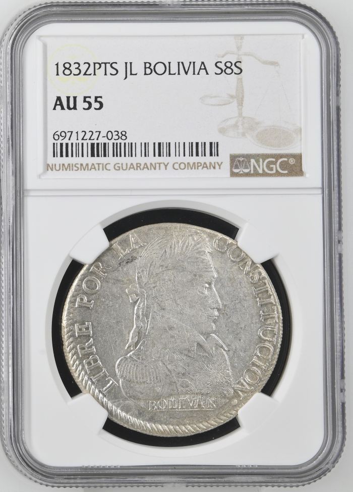 Bolivia 8 Sols 1832 Pts JL NGC AU55 0145243Bolivia 8 Sols 1832 Pts JL NGC AU55 0145243