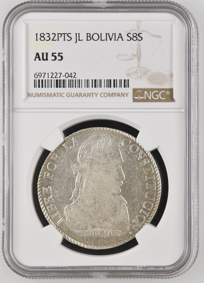 Bolivia 8 Sols 1832 Pts JL NGC AU55 0145244Bolivia 8 Sols 1832 Pts JL NGC AU55 0145244