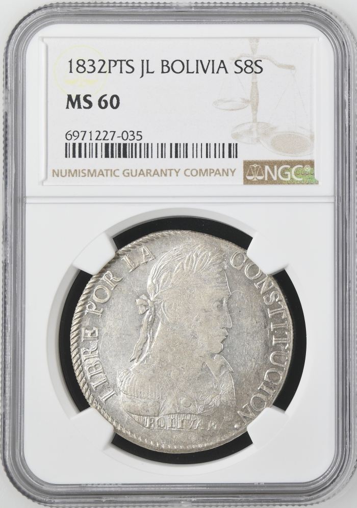 Bolivia 8 Sols 1832 Pts JL NGC MS60 0145246Bolivia 8 Sols 1832 Pts JL NGC MS60 0145246