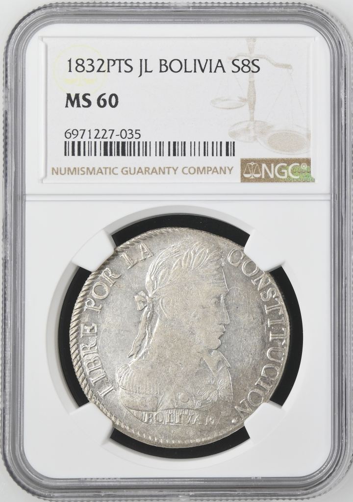 Bolivia 8 Sols 1832 Pts JL NGC MS60 0145246