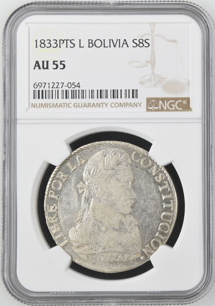 Bolivia 8 Sols 1833 Pts L NGC AU55 0145248Bolivia 8 Sols 1833 Pts L NGC AU55 0145248