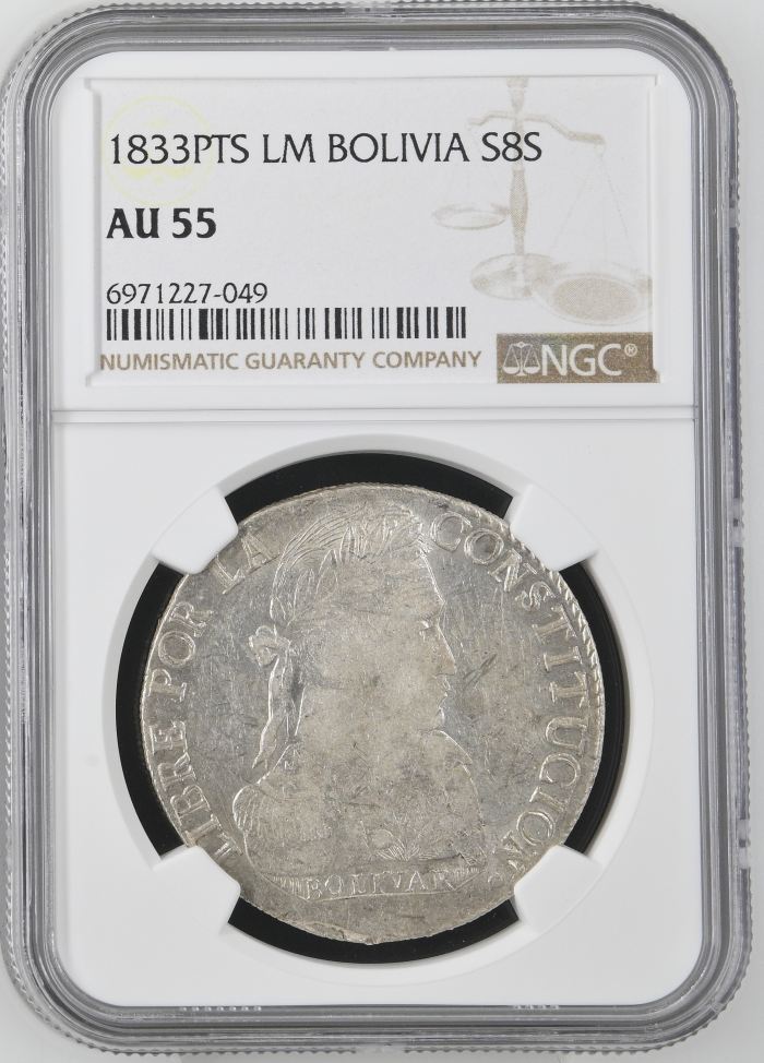 Bolivia 8 Sols 1833 Pts LM NGC AU55 0145251Bolivia 8 Sols 1833 Pts LM NGC AU55 0145251