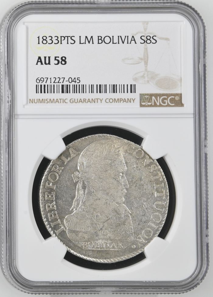 Bolivia 8 Sols 1833 Pts LM NGC AU58 0145253Bolivia 8 Sols 1833 Pts LM NGC AU58 0145253