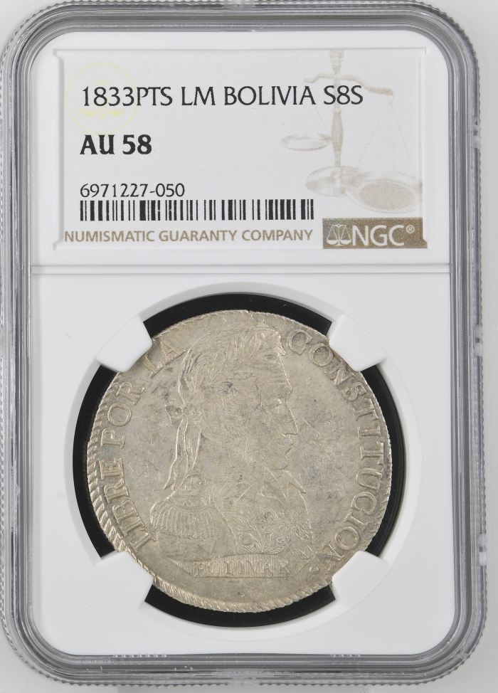 Bolivia 8 Sols 1833 Pts LM NGC AU58 0145255Bolivia 8 Sols 1833 Pts LM NGC AU58 0145255