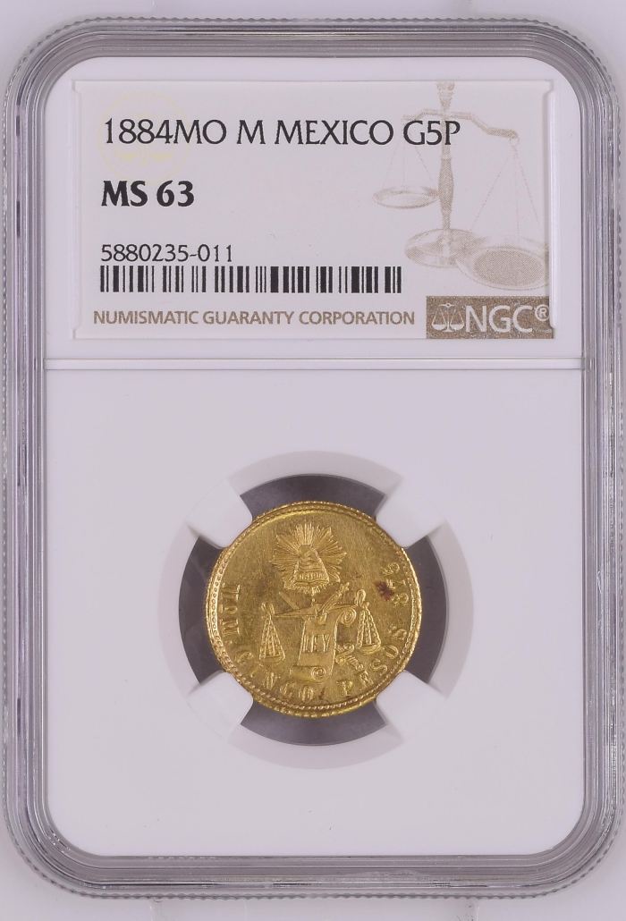 Republic Gold 5 Peso 1884 Mo M NGC MS63 0145258Republic Gold 5 Peso 1884 Mo M NGC MS63 0145258