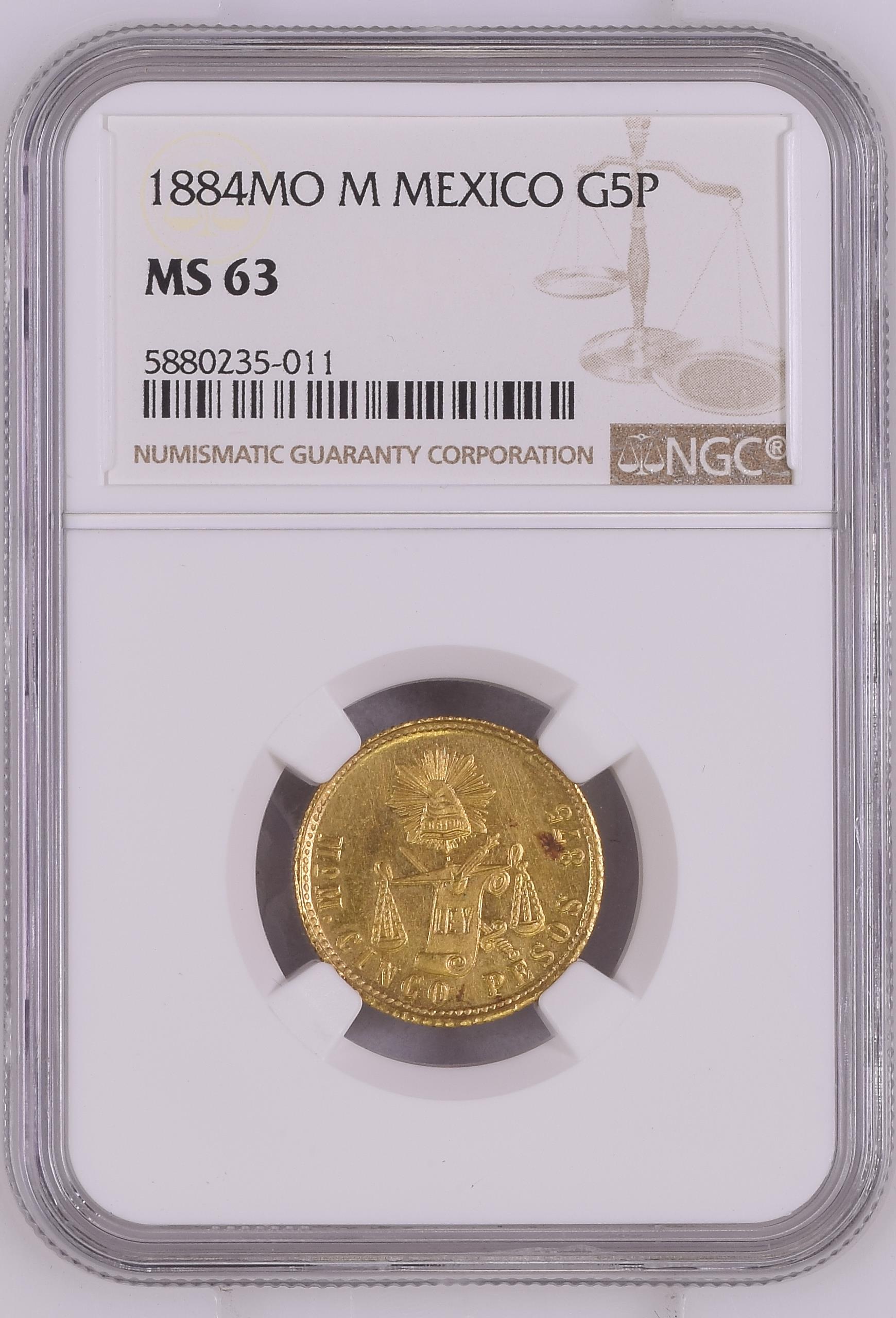 Republic Gold 5 Peso 1884 Mo M NGC MS63 0145258