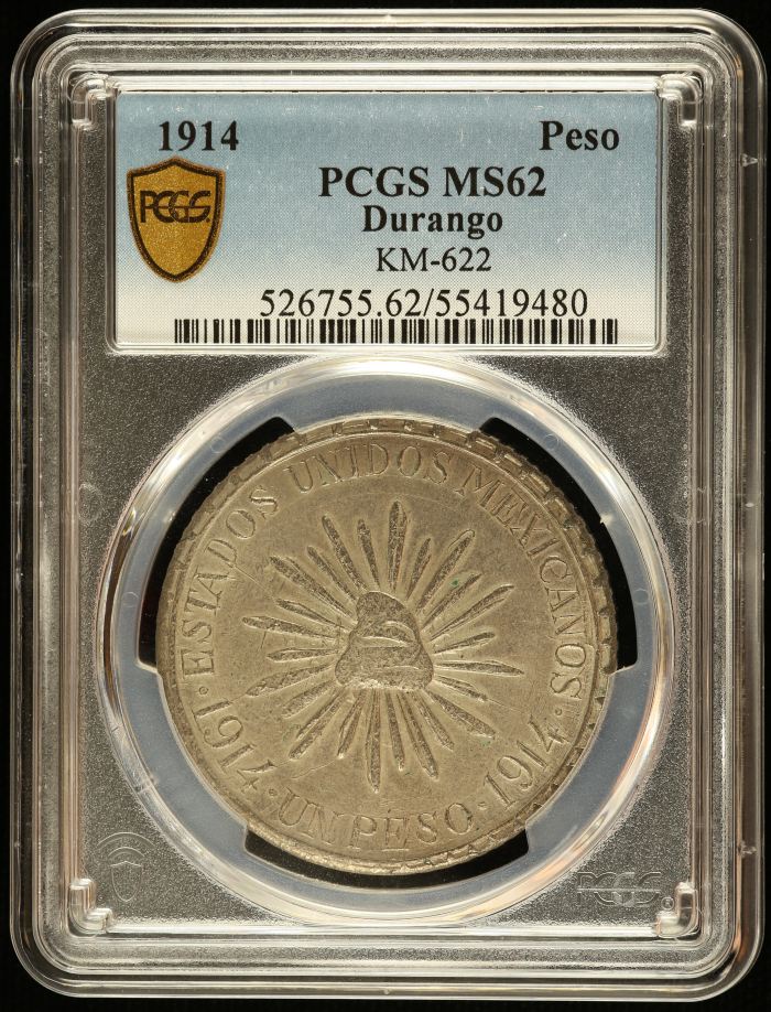 Durango Muera Huerta Peso 1914 Durango PCGS MS62 KM-622 0145280Durango Muera Huerta Peso 1914 Durango PCGS MS62 KM-622 0145280