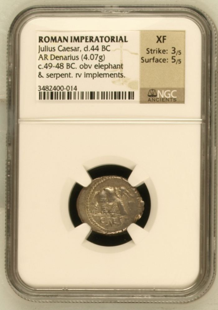 Roman Imperatorial Julius Caesar d.44 BC AR Denarius NGC XF 0145569Roman Imperatorial Julius Caesar d.44 BC AR Denarius NGC XF 0145569