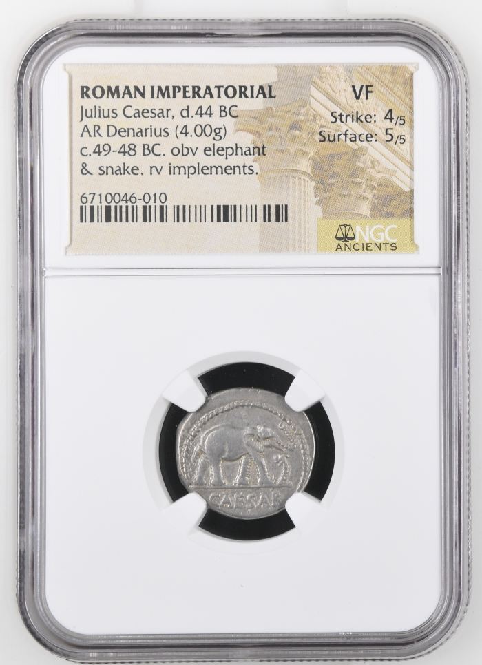 Roman Imperatorial Julius Caesar d.44 BC AR Denarius NGC VF 0145570Roman Imperatorial Julius Caesar d.44 BC AR Denarius NGC VF 0145570