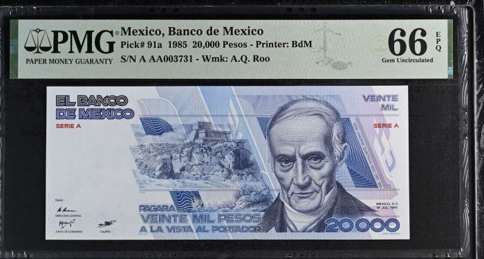 Banco De Mexico 13 Piece Set  All Scarce  Series A  Matching Serial Numbers Pick #62-94 PMG f_35443Banco De Mexico 13 Piece Set  All Scarce  Series A  Matching Serial Numbers Pick #62-94 PMG f_35443 - Image 5