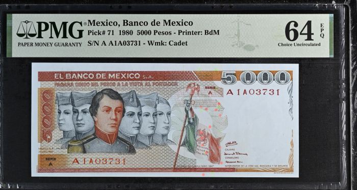 Banco De Mexico 13 Piece Set  All Scarce  Series A  Matching Serial Numbers Pick #62-94 PMG f_35443Banco De Mexico 13 Piece Set  All Scarce  Series A  Matching Serial Numbers Pick #62-94 PMG f_35443 - Image 9