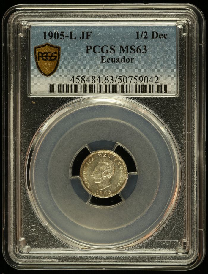 Ecuador 1/2 Decimo 1905 L JF PCGS MS63 0145586Ecuador 1/2 Decimo 1905 L JF PCGS MS63 0145586