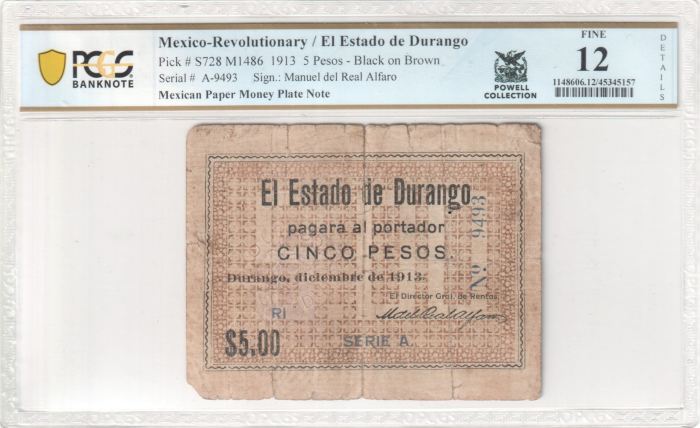 Mexican Plate Note Revolutionary Currency 5 Pesos 1913 Durango M1486 PCGS F12 f_35438Mexican Plate Note Revolutionary Currency 5 Pesos 1913 Durango M1486 PCGS F12 f_35438