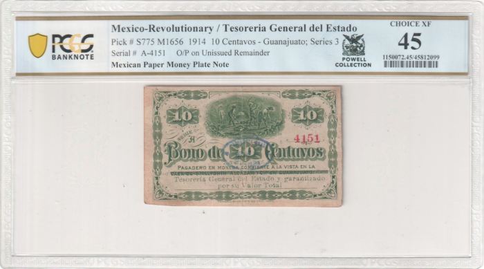 Mexican Plate Note Revolutionary Currency 10 Centavos 1914 Guanajuato M1656 PCGS Ch XF45 f_35439Mexican Plate Note Revolutionary Currency 10 Centavos 1914 Guanajuato M1656 PCGS Ch XF45 f_35439