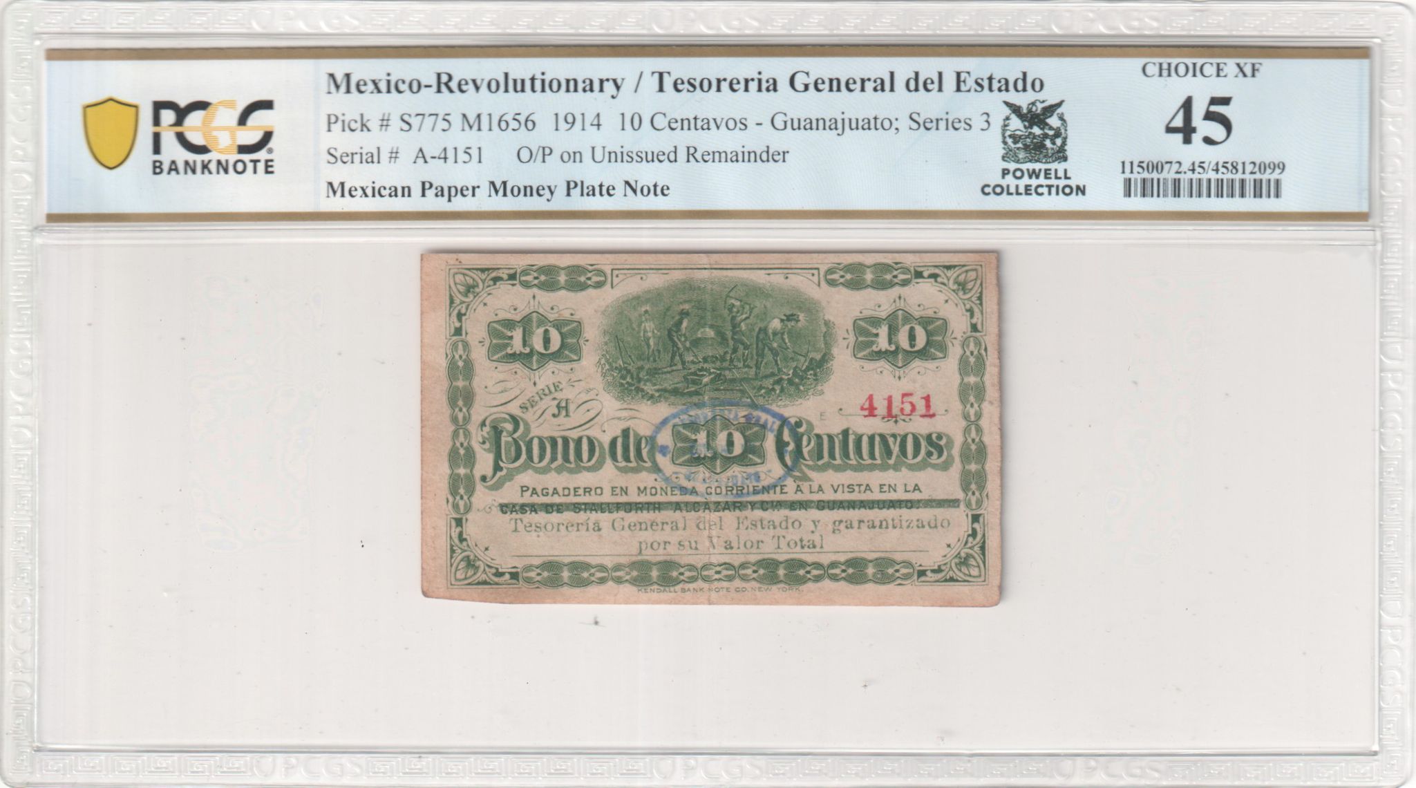 Mexican Plate Note Revolutionary Currency 10 Centavos 1914 Guanajuato M1656 PCGS Ch XF45 f_35439