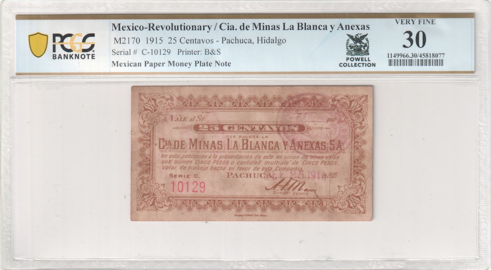 Mexican Plate Note Revolutionary Currency 25 Centavos 1915 Hidalgo M2170 PCGS VF30 f_35440