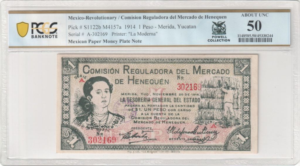 Mexican Paper Money Plate Note Revolutionary Currency Peso 1914 Yucatan M4157a PCGS AU50 f_35442