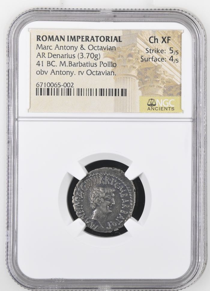 Roman Imperatorial Marc Antony & Octavian 41 BC AR Denarius NGC Ch XF 0145632Roman Imperatorial Marc Antony & Octavian 41 BC AR Denarius NGC Ch XF 0145632