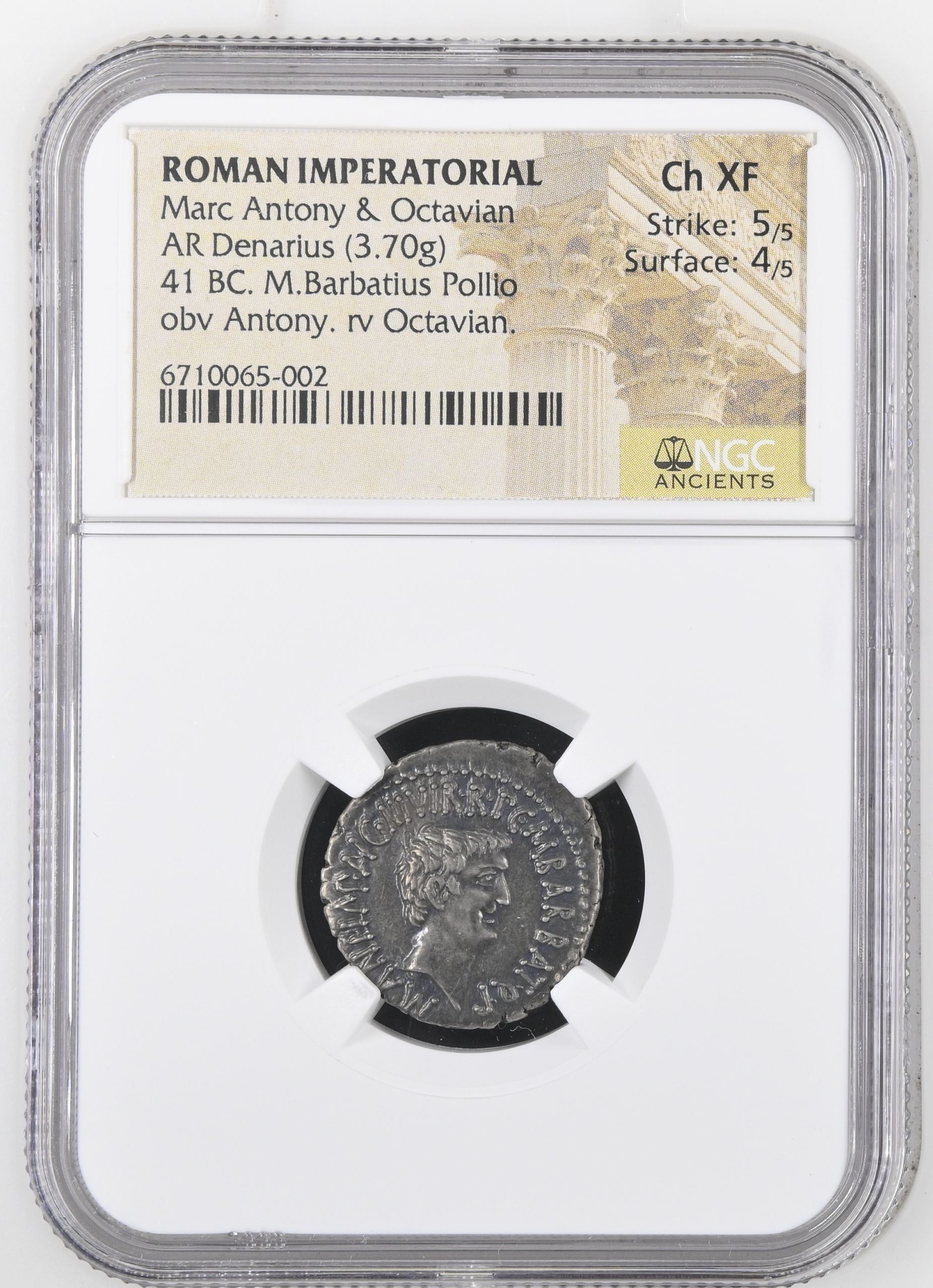 Roman Imperatorial Marc Antony & Octavian 41 BC AR Denarius NGC Ch XF 0145632