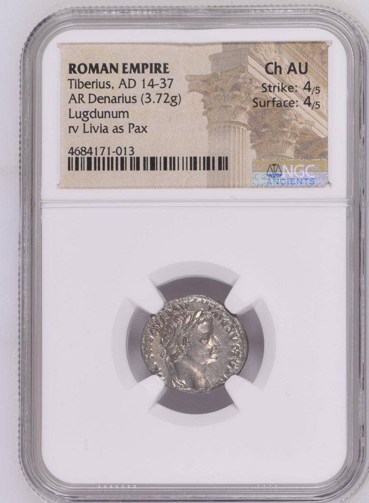 Roman Imperial Tiberius 14-37 AD AR Denarius NGC Ch AU 0145633