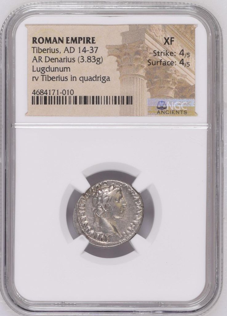 Roman Imperial Tiberius 14-37 AD AR Denarius NGC XF 0145634