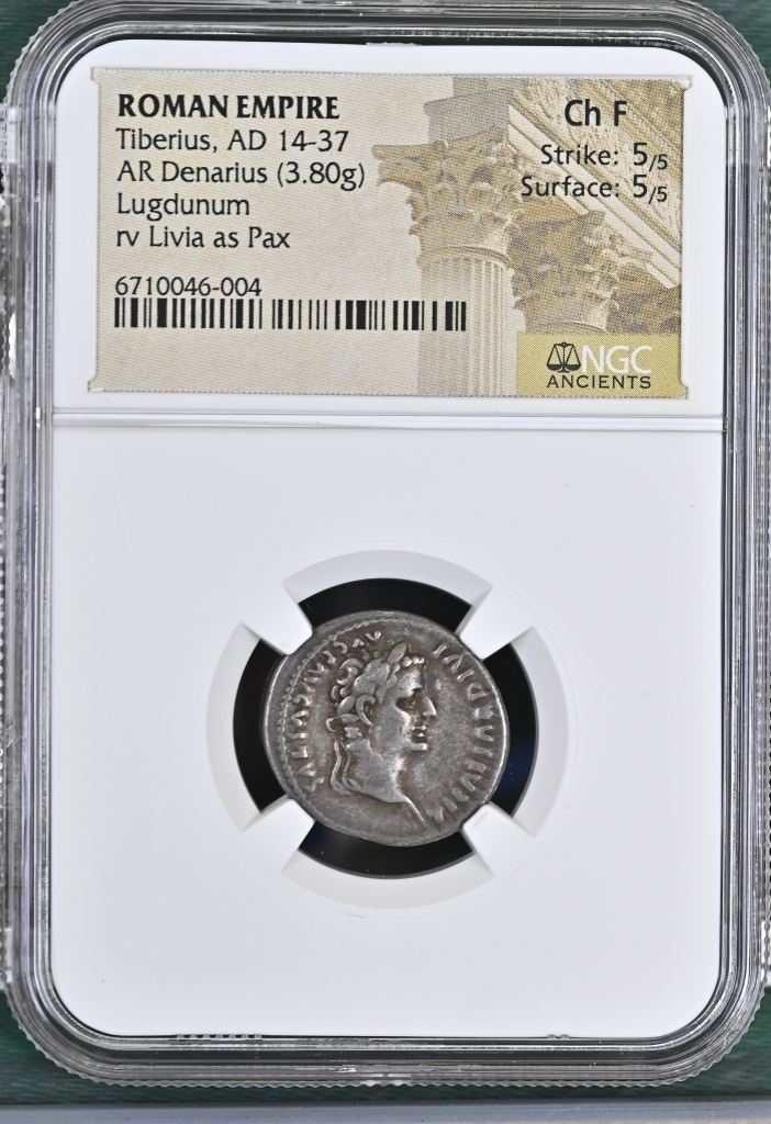 Roman Imperial Tiberius 14-37 AD AR Denarius NGC Ch F 0145635