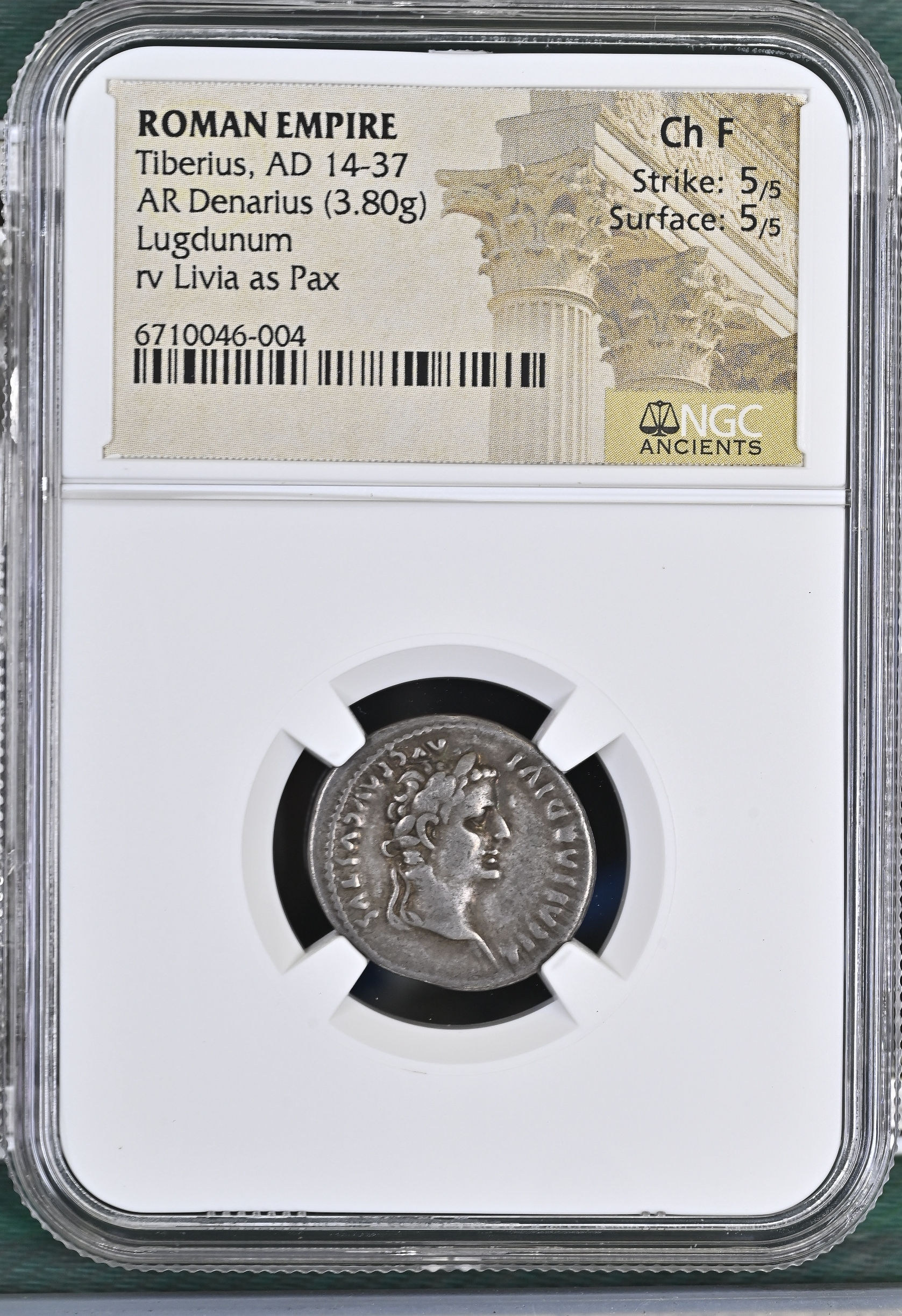 Roman Imperial Tiberius 14-37 AD AR Denarius NGC Ch F 0145635