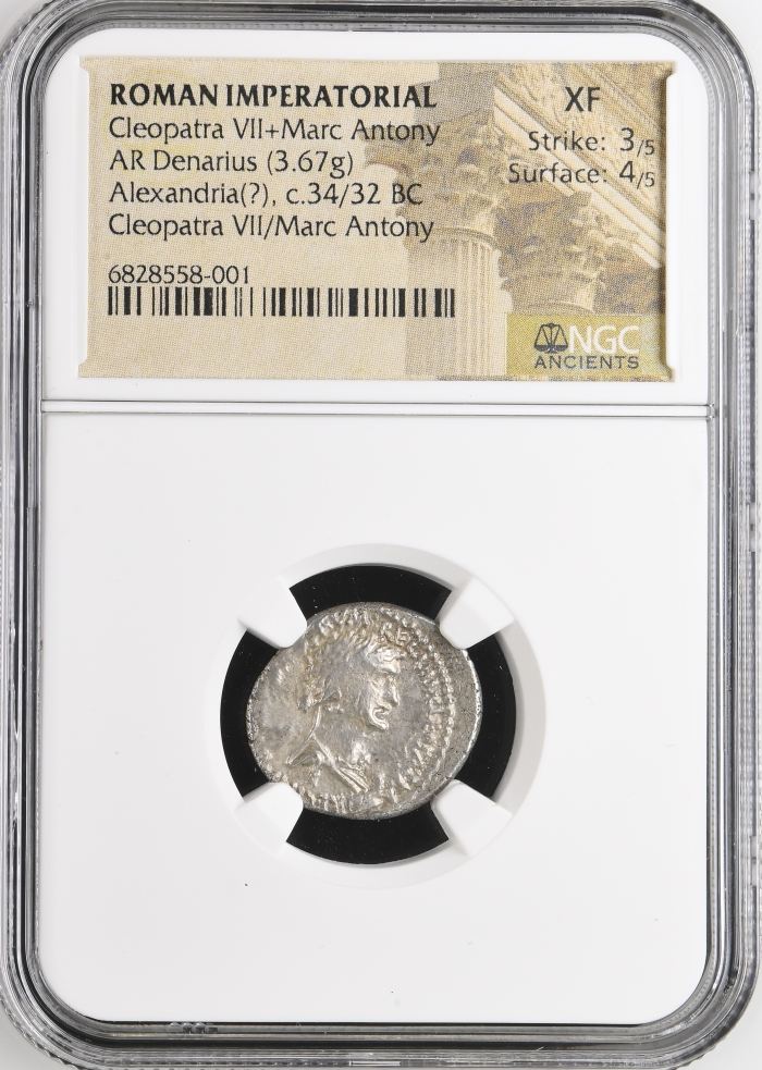 Roman Imperatorial Cleopatra VII+Marc Antony c.34/32 BC AR Denarius NGC XF 0145636Roman Imperatorial Cleopatra VII+Marc Antony c.34/32 BC AR Denarius NGC XF 0145636